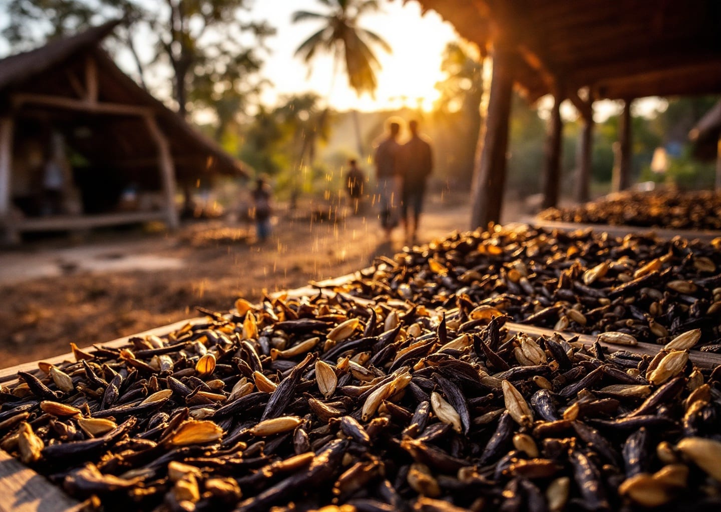 Vanilla beans drying on a wooden rack in Madagascar