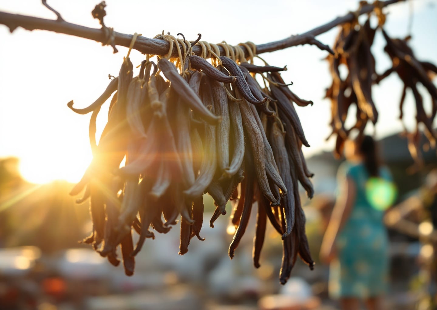 Vanilla beans drying in sun