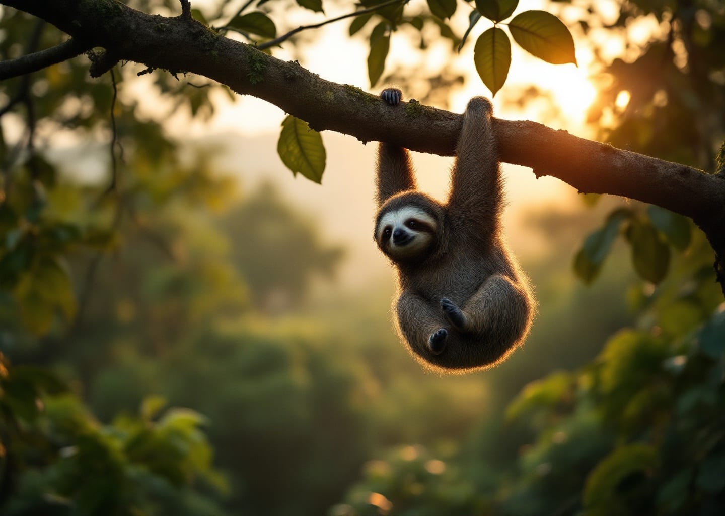 Sloth hanging from branch Costa Rica rainforest